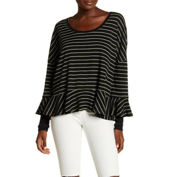 Free People WE THE FREE Ruffle Sleeve Peplum Hem Striped Blouse Top, Size XS - Picture 1 of 9